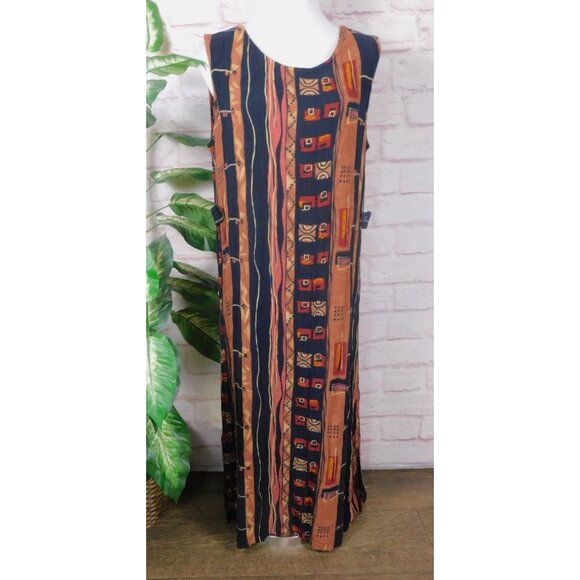 Sag Harbor Vtg Sleeveless Tribal Print Maxi Dress Brown Boho Large - Picture 1 of 11